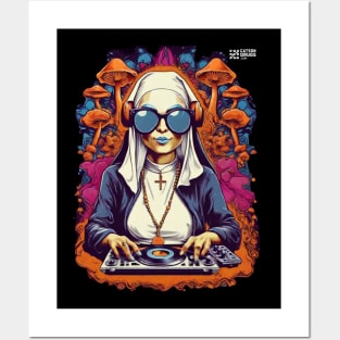 Techno T-Shirt - Psychedelic Nun - Catsondrugs.com - Techno, rave, edm, festival, techno, trippy, music, 90s rave, psychedelic, party, trance, rave music, rave krispies, rave flyer T-Shirt Posters and Art